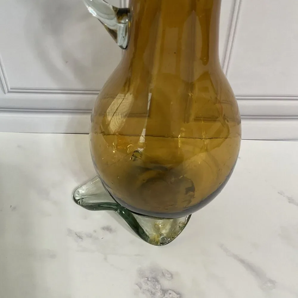 Hand Blown Glass Amber Pitcher with attached Clear Handle 10.5”Tall Clear Base